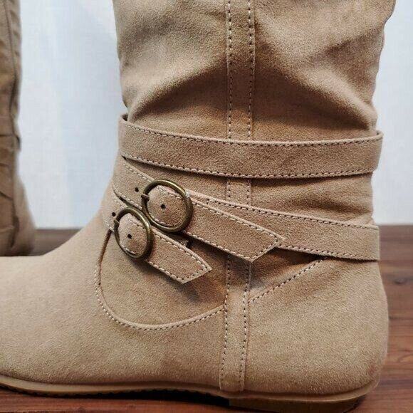 JustFab‎ Womens Boots 7 Brown Suede Knee High Zip Up Flat Pull-On Almond Toe - Picture 10 of 10